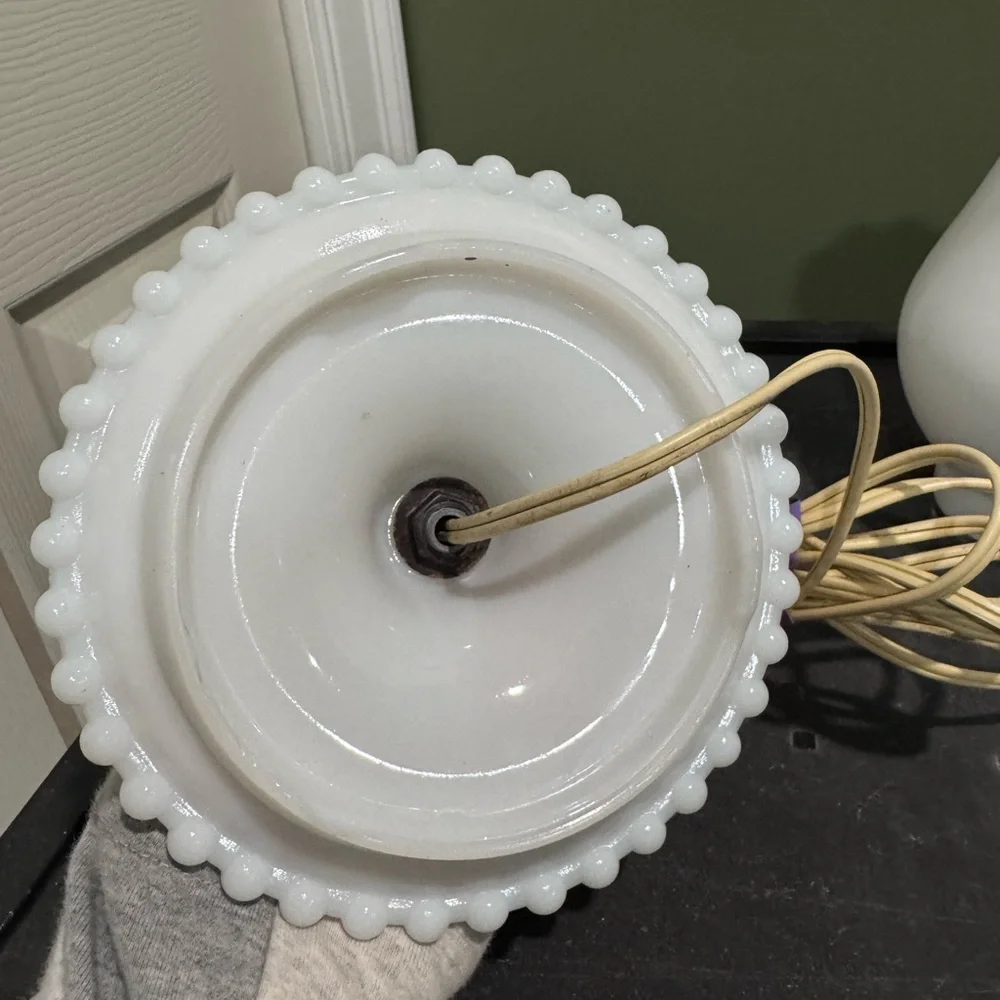 Milk Glass Hurricane Vanity Table Lamp Victorian Style Dogwood Ruffled Edge (2)